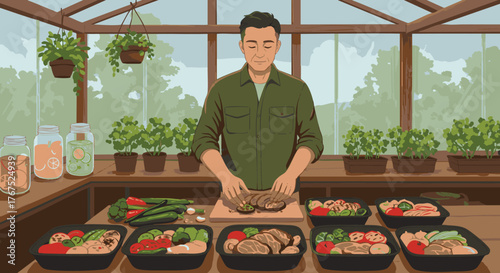 Man preparing healthy meals in a greenhouse setting with fresh produce and containers of food