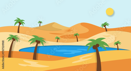 A vibrant blue water oasis surrounded by golden sand dunes and palm trees.