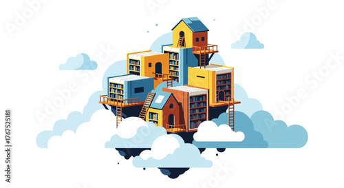 A whimsical floating island city of library houses in the sky.
