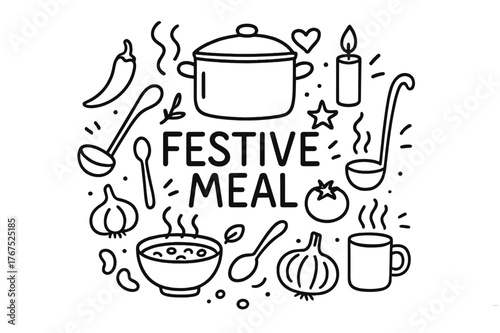 Festive Meal Doodle. Festive Meal. Hand-drawn doodle illustration of Festive Meal. big pot, chili, ladle, bowl