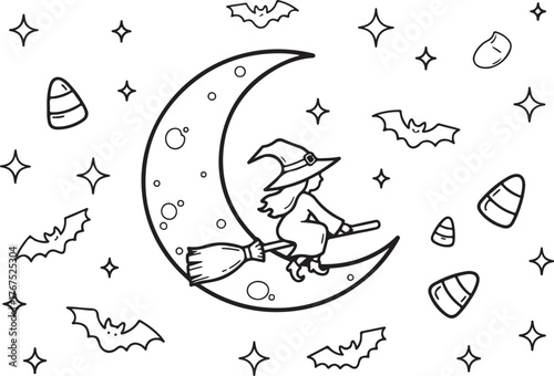 Witch flying on a broomstick across the moon with bats and candy corn