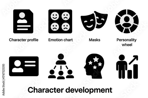 Character Development Icons. Character development. Filled icon set of character development: character