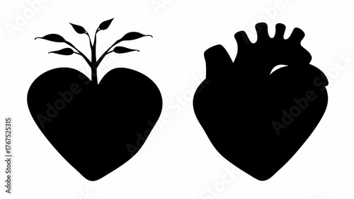 Two heart shapes in black silhouette one with a plant growing out of it and the other anatomical heart