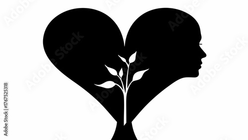 Silhouette of a woman's head and a plant inside a heart shape in black and white design illustration