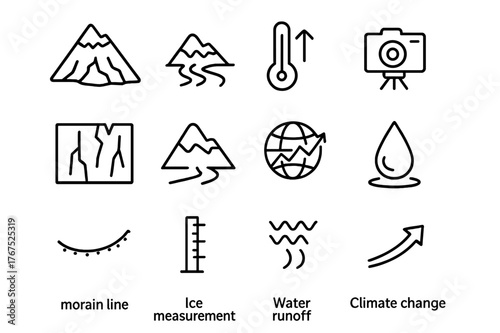 Glacier Melt Icons. Glacier retreat. Line outline icon set of glacier retreat: mountain glacier, melting river