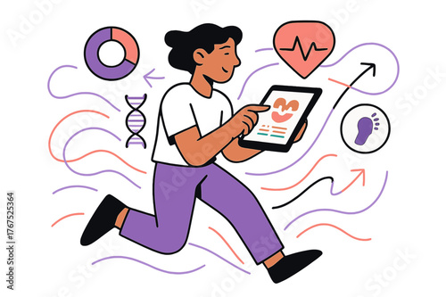 Human Biometrics Analysis. Human optimization. A person analyzing biometrics on a tablet, surrounded by