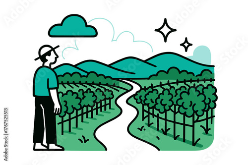 Vineyard Serenity. Countryside calm. A small path winds between vineyard rows, distant hills layered softly,