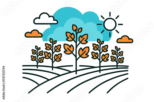 Grapevine Growth Illustration. Season of growth. Young grapevines in even rows sprouting fresh leaves, soft