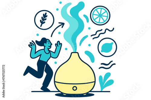 Aromatherapy Essence. Aromatherapy. A glowing essential oil diffuser with colorful mist flowing upward.