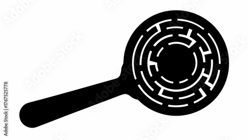 A black silhouette of a magnifying glass with a circular maze design inside the lens on a white background