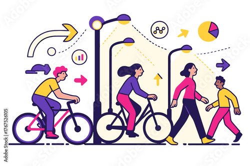 Dynamic Smart City. Smart city. Rows of glowing streetlights connected by dotted light paths, highlighting