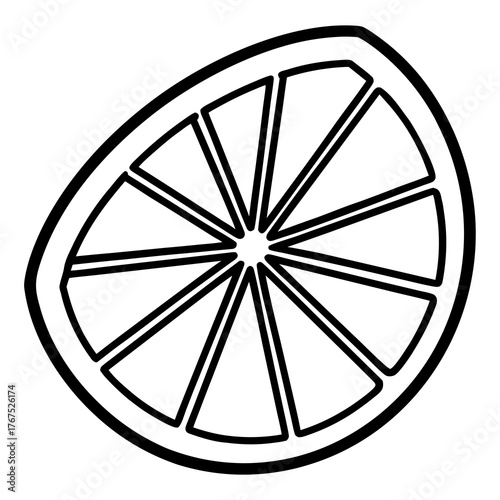 Citrus fruit slice icon in black outline style, juicy lemon or orange wedge drawing for coloring pages, food design, and nutrition themes.