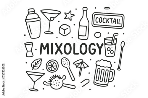 Mixology Doodle Art. Mixology. Hand-drawn doodle illustration of Mixology. cocktail shaker, martini glass,