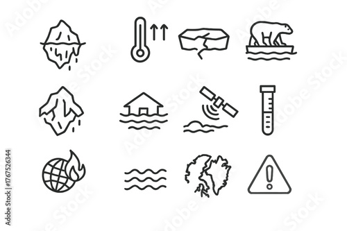 Polar Ice Loss Icons. Polar ice loss. Line outline icon set of polar ice loss: melting iceberg, thermometer