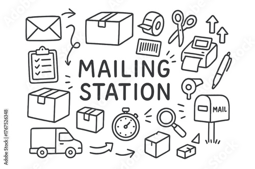 Mailing Station Doodle. Mailing Station. Hand-drawn doodle illustration of Mailing Station. envelope, box,