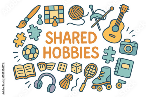 Shared Hobbies Doodle. Shared hobbies. Hand-drawn doodle illustration of Shared hobbies. Paintbrush, board