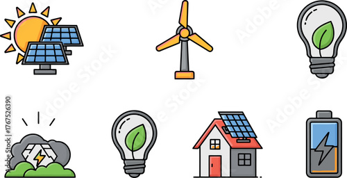 Colorful icon set representing various renewable energy sources.