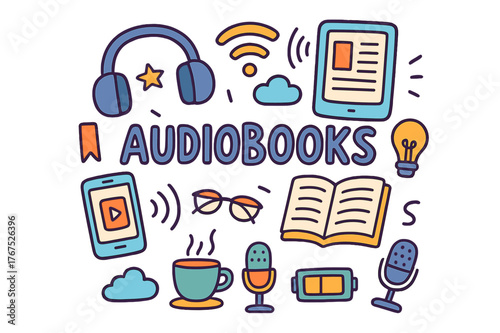 Audiobook Doodle Montage. Audiobooks. Hand-drawn doodle illustration of Audiobooks. Headphones, e-reader