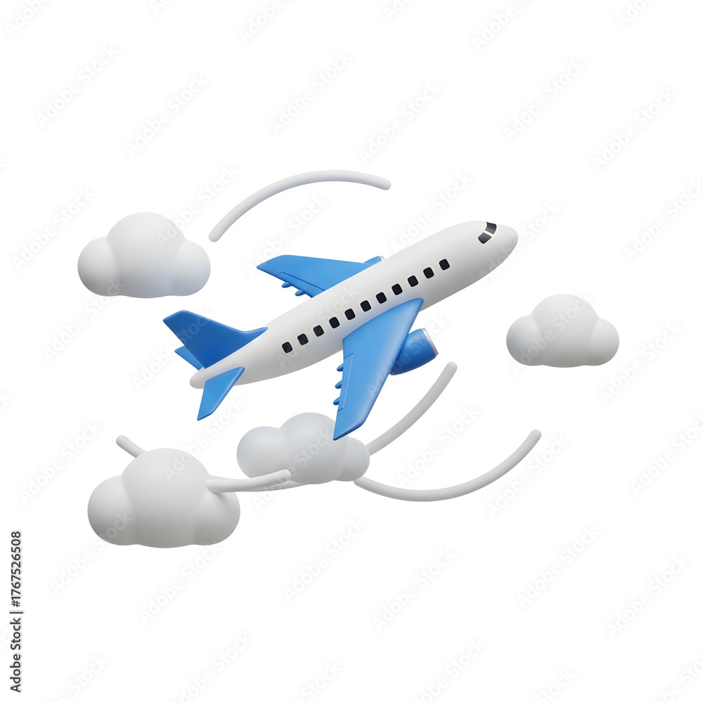 Naklejka premium 3D airplane soaring through clouds, illustrating travel and aviation concepts in a dynamic and engaging way
