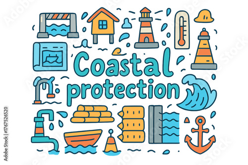 Coastal Protection Doodle. Coastal protection. Hand-drawn doodle illustration of Coastal protection. Flood