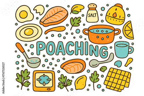 Poaching Doodle Art. Poaching. Hand-drawn doodle illustration of poaching. Egg, saucepan, water bubbles, fish