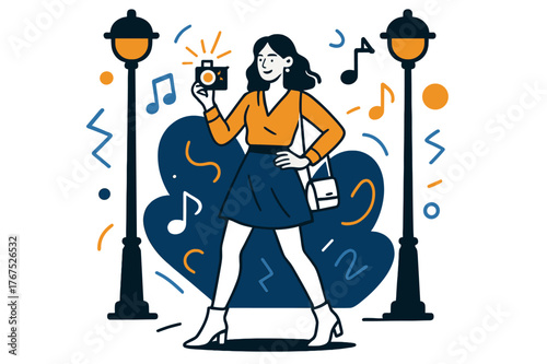 Trendy Street Vibes. Night Out. A fashion blogger poses under glowing streetlights, camera flash sparkling.