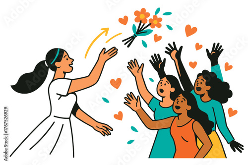 Tossing Bridal Bouquet. Bridal bouquet. A bride tossing a bouquet with flowers flying in slow motion, guests