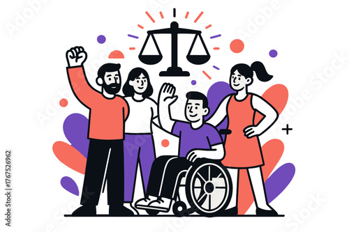 Unity in Diversity. Equal opportunities. People of varying abilities and genders standing together under a