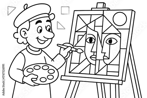 Cubist Coloring Fun. Cubism children?s coloring book illustration, outlined drawing, cartoon artist making