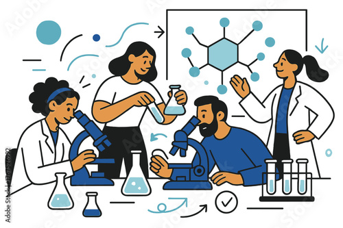 Vibrant Community Lab. Community lab. Enthusiasts working in a shared space full of microscopes, glassware,