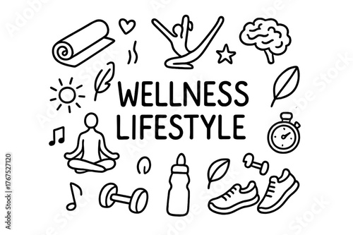 Wellness Doodle Collage. Wellness Lifestyle. Hand-drawn doodle illustration of Wellness Lifestyle. yoga mat,