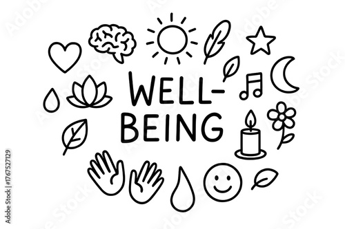 Well-Being Doodle Symbols. Well-Being. Hand-drawn doodle illustration of Well-Being. heart, brain, feather,