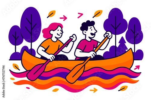 Canoe Adventure Art. River journey. Two friends paddling a handcrafted canoe down glowing stylized waves,