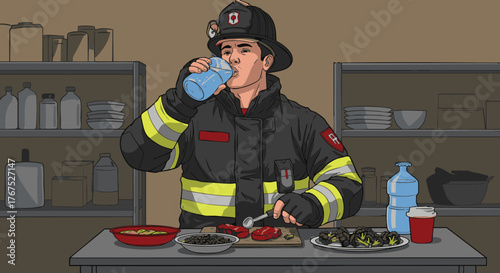 Firefighter taking a well-deserved break, hydrating with water and enjoying a healthy meal to refuel after a demanding shift, focusing on wellness and nutrition