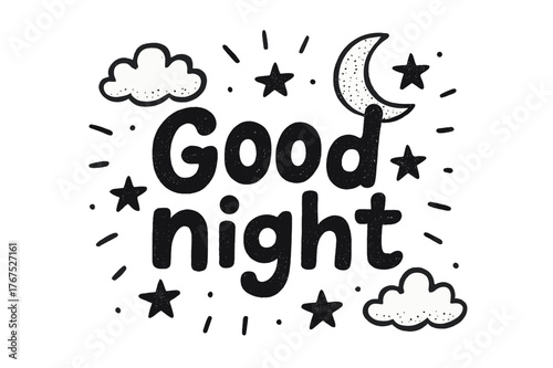 Good Night Doodle. In the middle, the word ?Good night? written in doodle hand-drawn style.