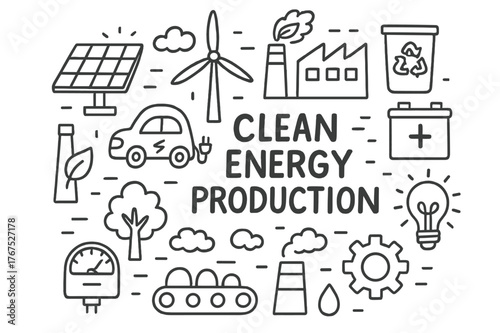 Clean Energy Doodle. Clean energy production. Hand-drawn doodle illustration of Clean energy production. Solar