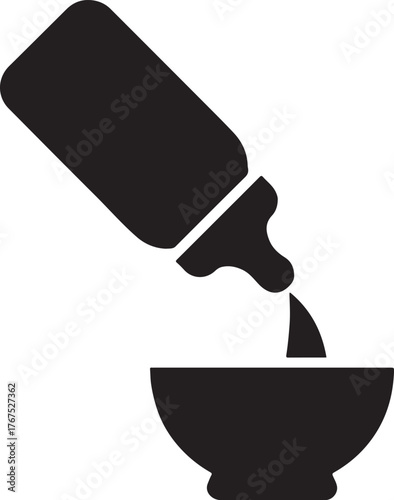 Milk bottle pouring into bowl silhouette representing feeding, nutrition, and baby care.