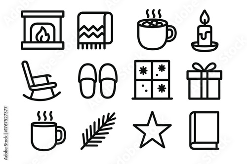 Cozy Holiday Icons. Cozy home holidays. Line outline icon set of cozy home holidays: fireplace, blanket, hot