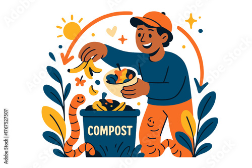 Cheerful Composting. Composting at home. A cheerful gardener adds food scraps into a small compost bin