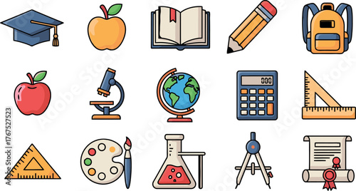 Collection of School Supplies and Educational Tools Icons.