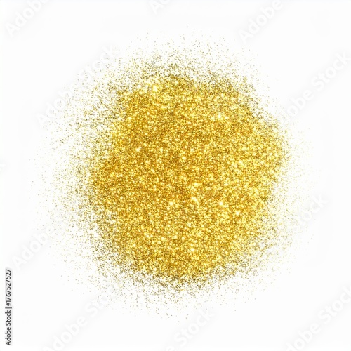 Shimmering golden glitter powder burst isolated on white background, sparkling metallic festive texture