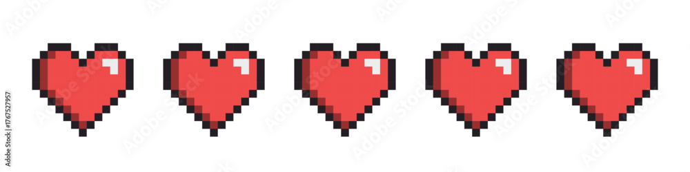 Fototapeta premium Pixel hearts for game design healthbar vector illustration