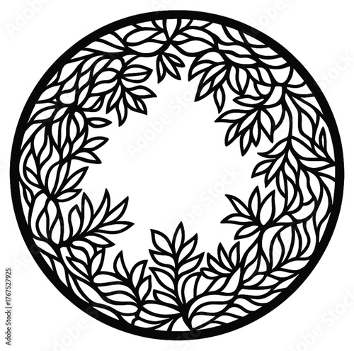 Circular floral ornament vector. Black silhouette with intricate leaf pattern. Round frame for laser cutting, stencil, CNC, or decorative design. Isolated on white background.
