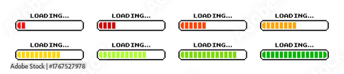 Pixelated loading bar icons representing progress stages