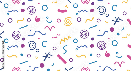 colorful geometric pattern design a playful scattering of circles lines and squiggles on a white background perfect for a vibrant website or social media post