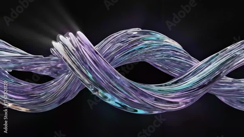 seamless looping, abstract design of iridescent purple and teal ribbons, black background, Abstract background animation, video, 3d render, 3D motion backgrounds, glass color refraction effect, 