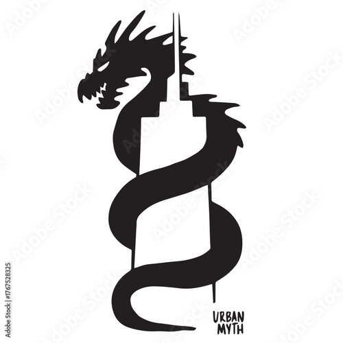 Black silhouette of a dragon intertwined with a building design