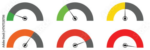 Speedometer icon set. Performance level dial bar vector illustration. Power level measure symbol. Infographic dashboard chart with arrow sign. High, medium and low risk control panel. Progress scale. 