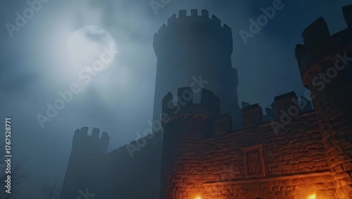Haunted Castle Tower Illuminated by Torches Under Full Moon in Foggy Night