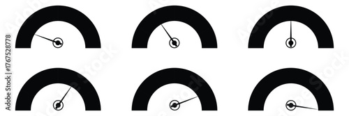 Speedometer icon set. Performance level dial bar vector illustration. Power level measure symbol. Infographic dashboard chart with arrow sign. High, medium and low risk control panel. Progress scale. 